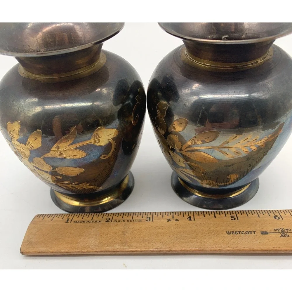 2 Vintage Brass Bud Vases Blue Gold Etched Floral India Small Footed MCM Pair